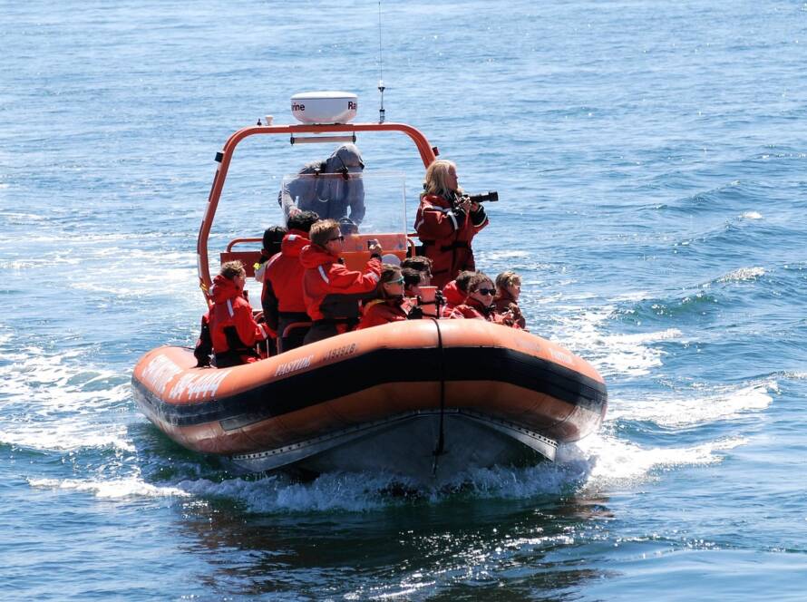 RIB-båd på åbent hav med passagerer ombord.